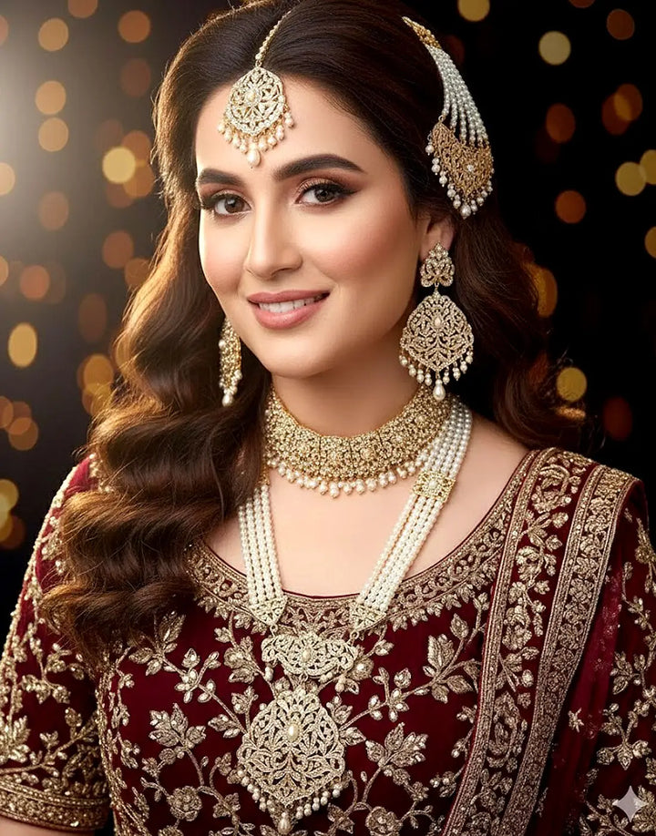 Luxurious Hyderabadi Pearl Mala Bridal Jewellery Set with Choker, Earrings, Jhumar and Maang Tikka