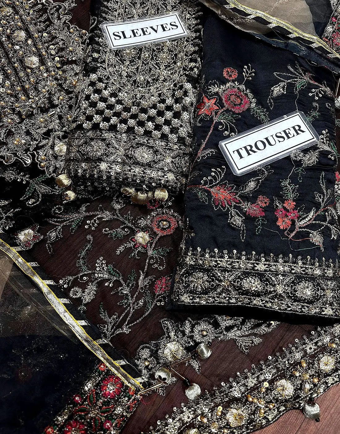 Glamorous Heavy Embroidered Black Chiffon Party Dress with Emb. Organza Dupatta
