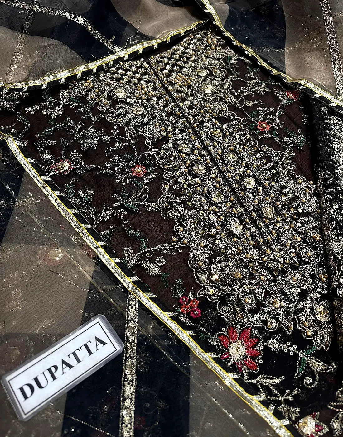 Glamorous Heavy Embroidered Black Chiffon Party Dress with Emb. Organza Dupatta