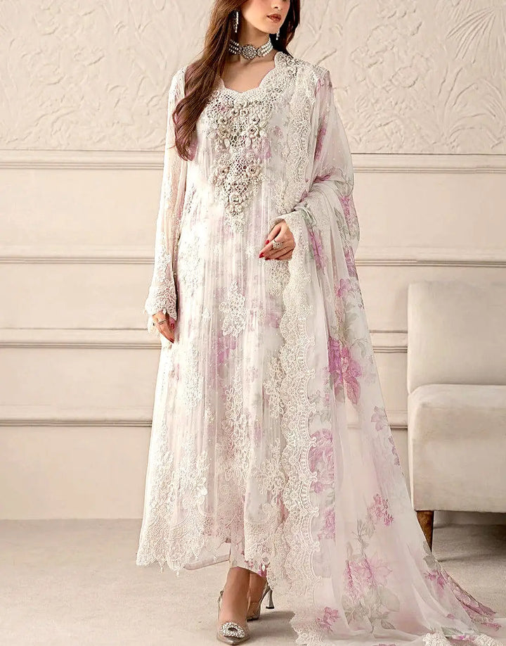 Heavy Embroidered White Chiffon Wedding Wear Dress with Inner