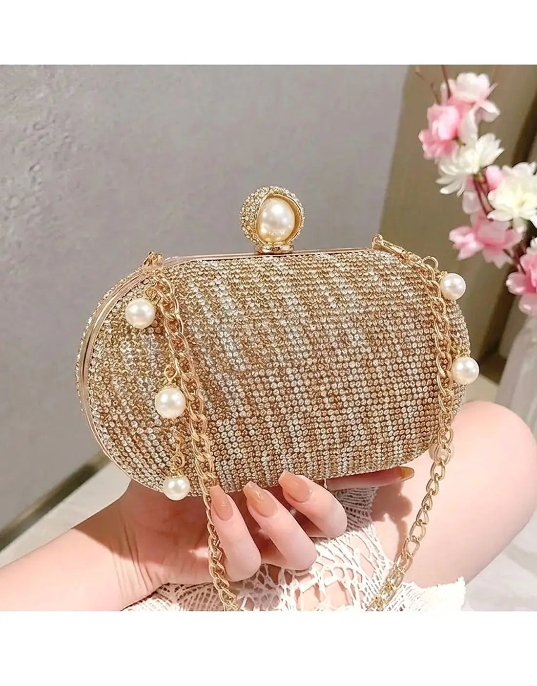 Luxury Faux Pearl Clasp Rhinestone Oval Shape Bridal Minaudiere