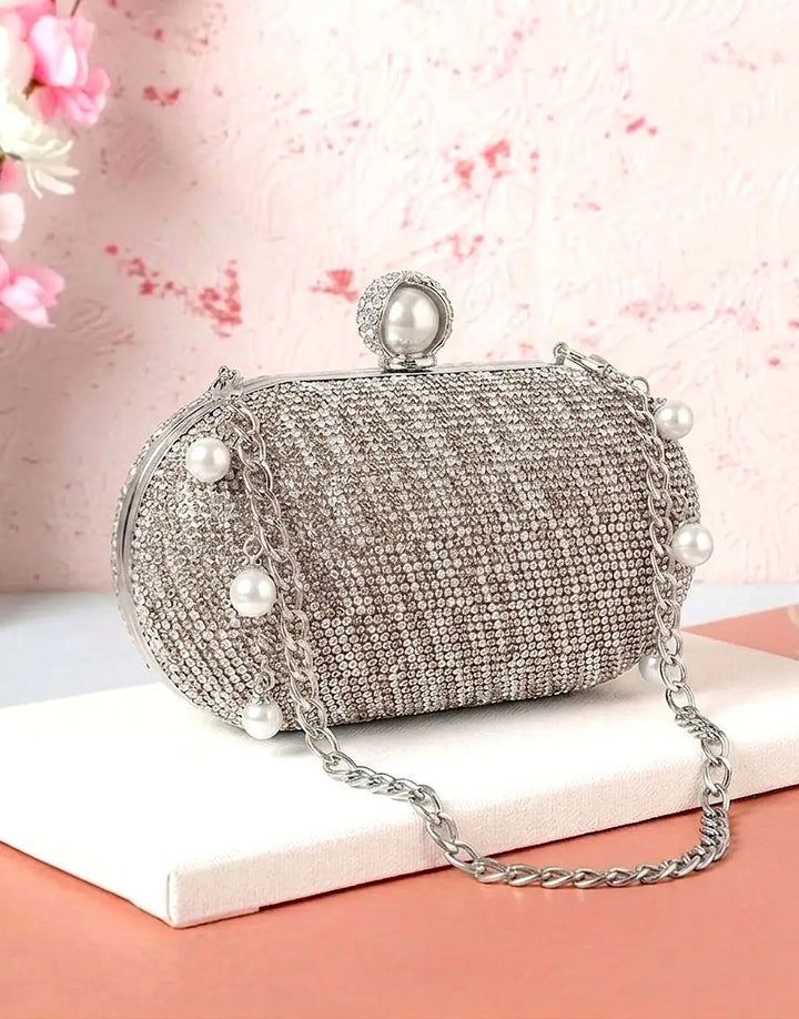 Luxury Faux Pearl Clasp Rhinestone Oval Shape Bridal Minaudiere