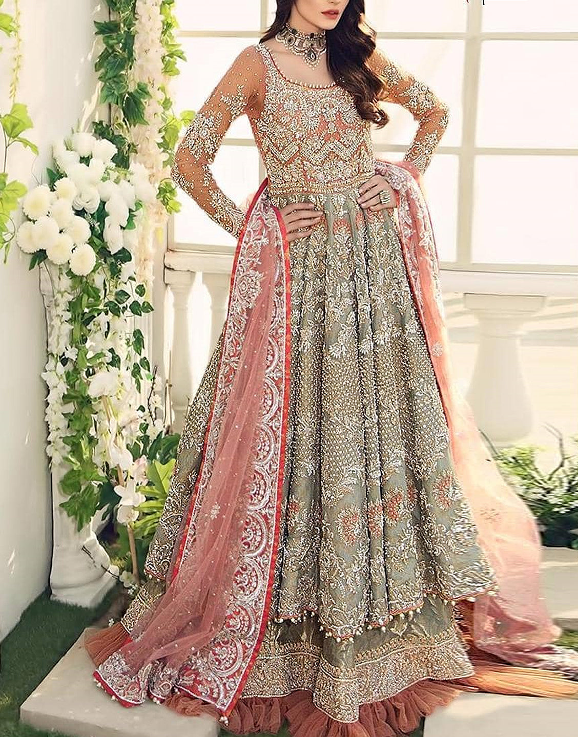 Intricate Embroidered Net Maxi Wedding Dress with Rich Embellishments