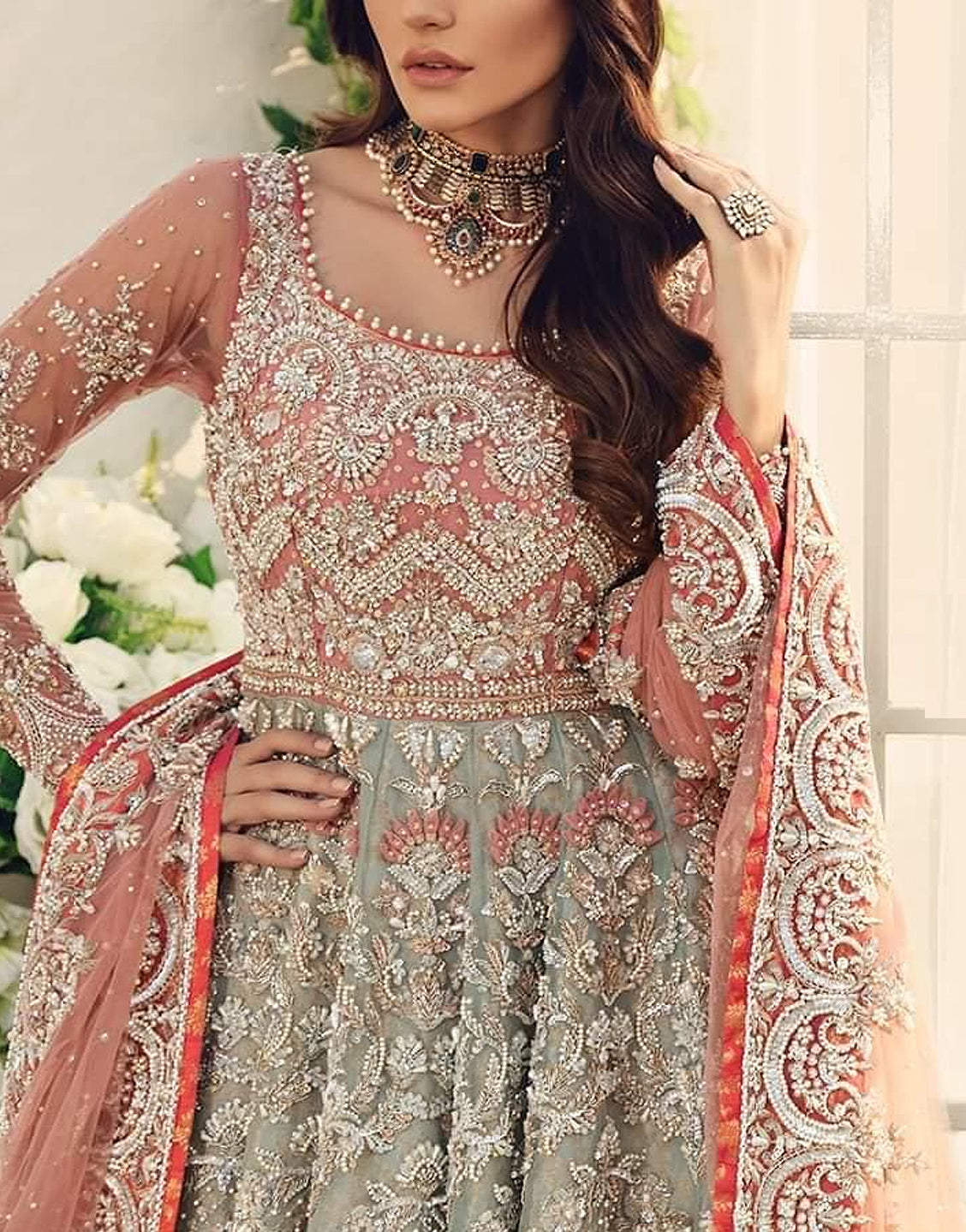Intricate Embroidered Net Maxi Wedding Dress with Rich Embellishments