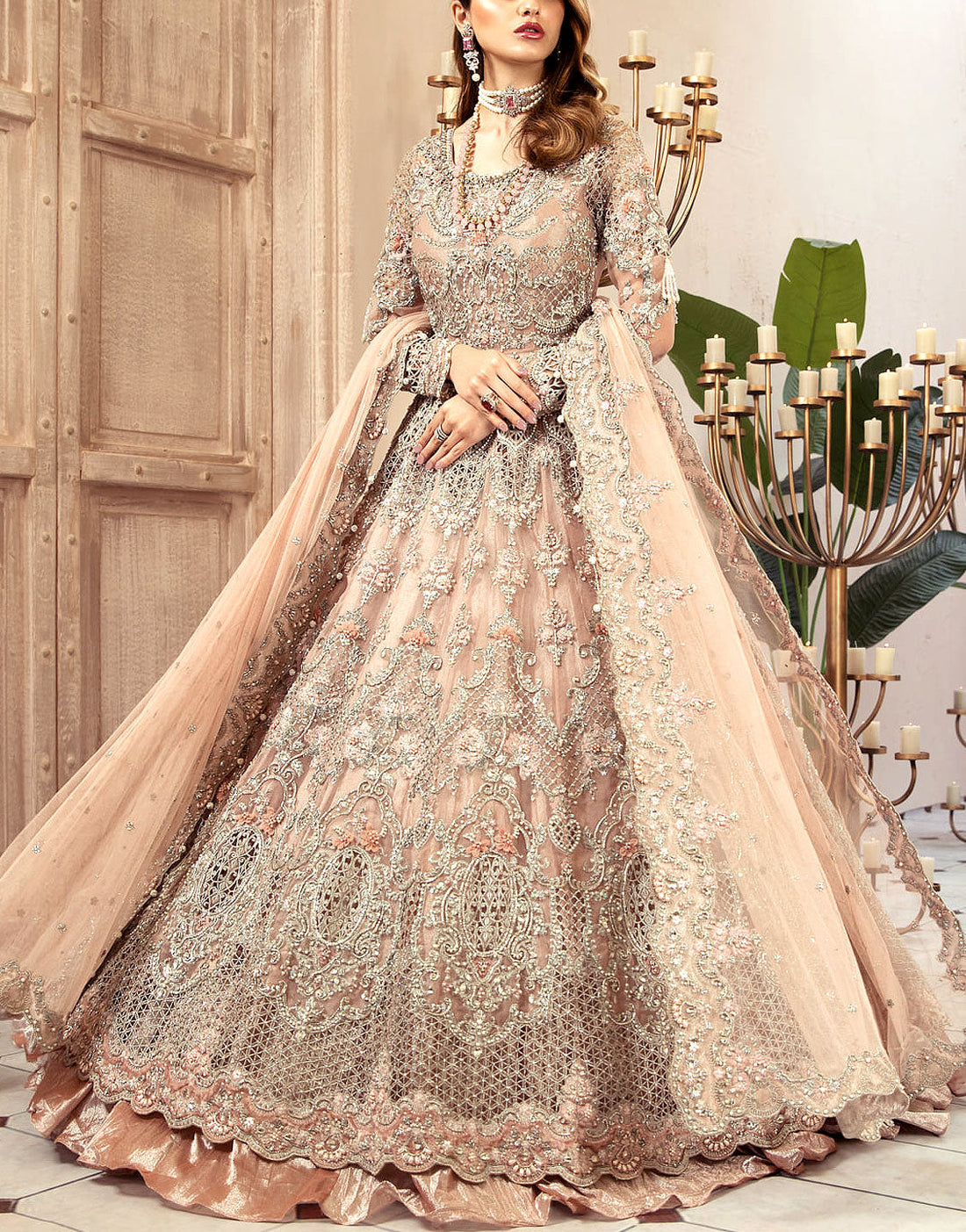 Luxurious 3D Handwork & Embroidered Peach Net Bridal Maxi Dress