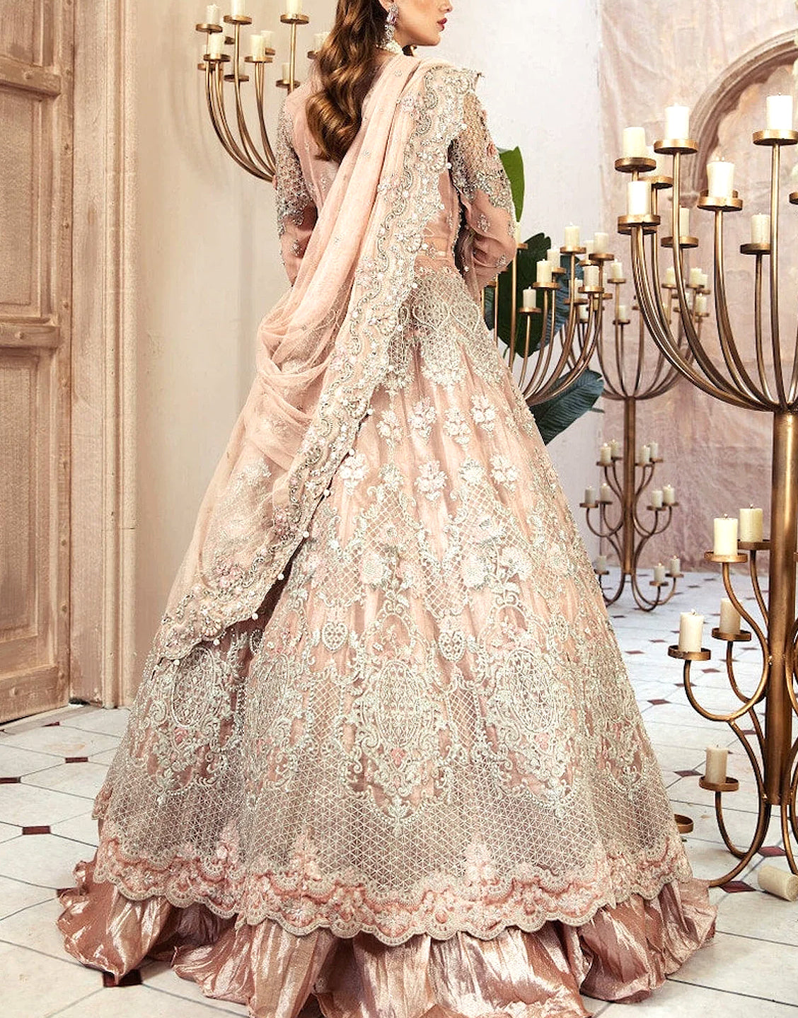 Luxurious 3D Handwork & Embroidered Peach Net Bridal Maxi Dress