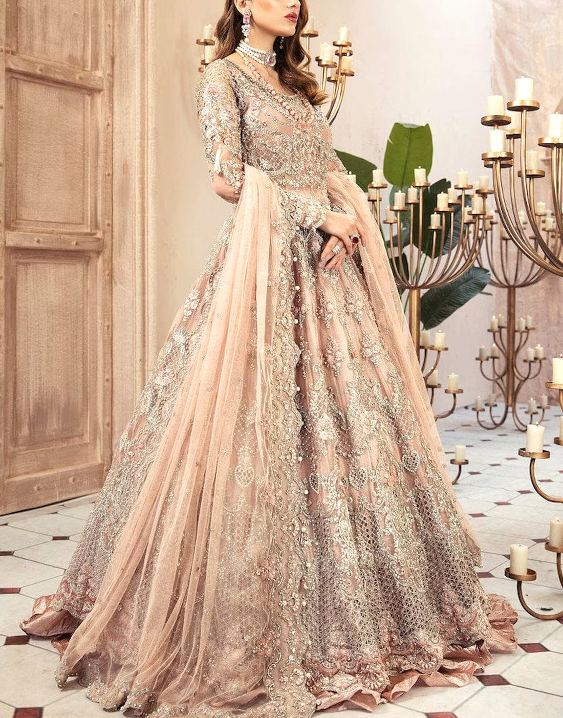 Luxurious 3D Handwork & Embroidered Peach Net Bridal Maxi Dress
