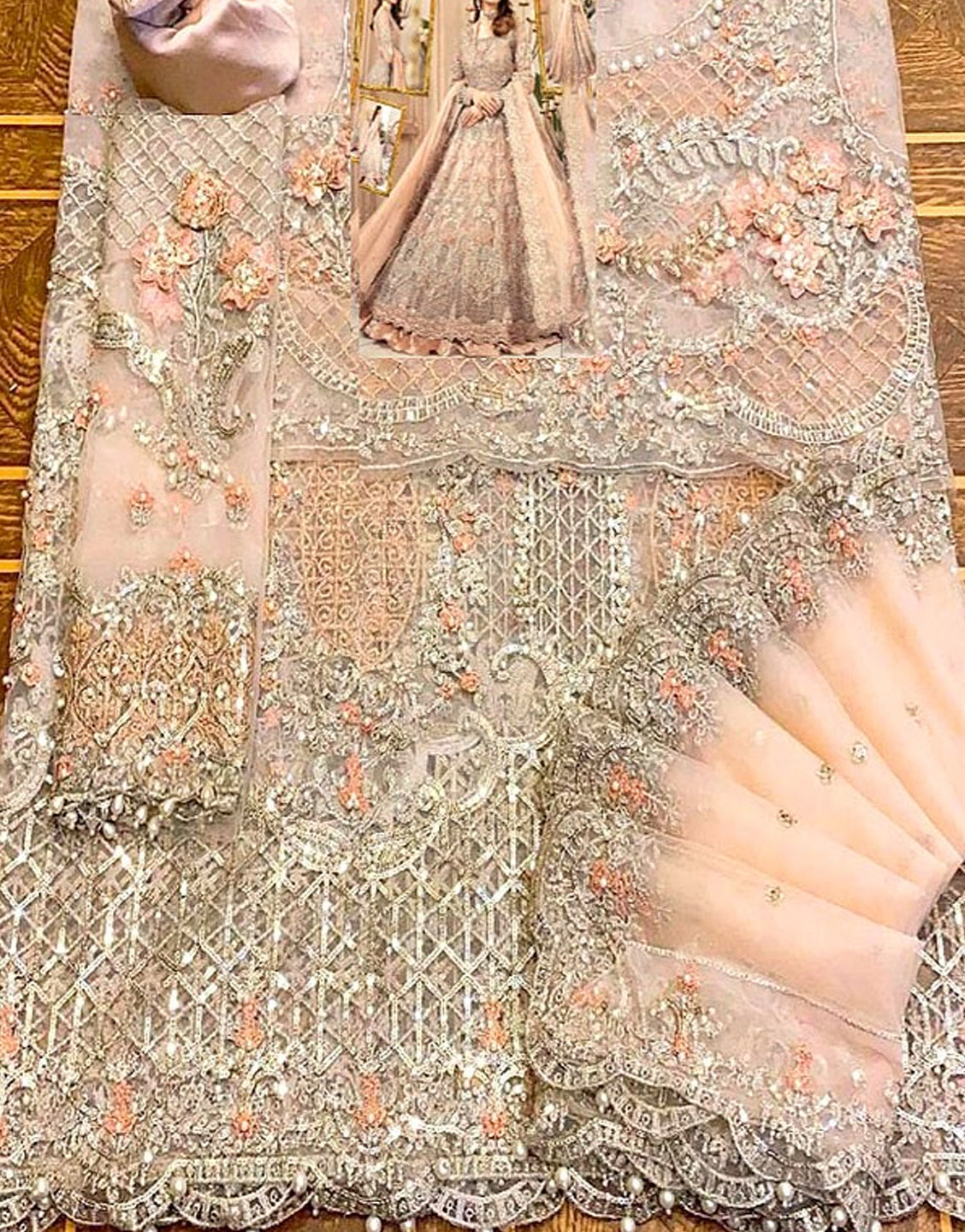 Luxurious 3D Handwork & Embroidered Peach Net Bridal Maxi Dress
