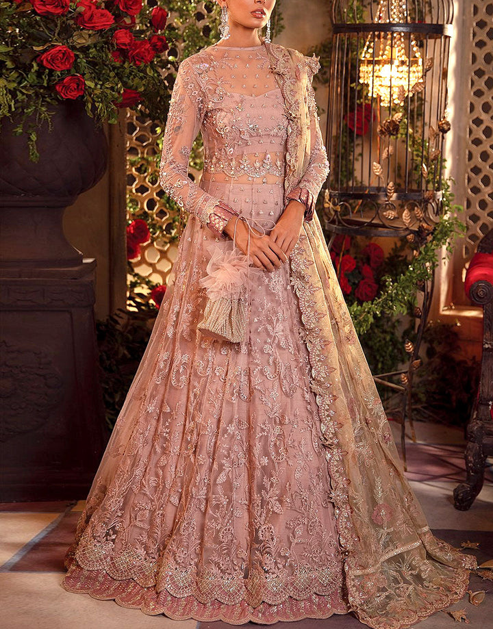 Heavy Embroidered with Hand Embelished Dusty Rose Net Bridal Maxi Dress for Weddings & Parties