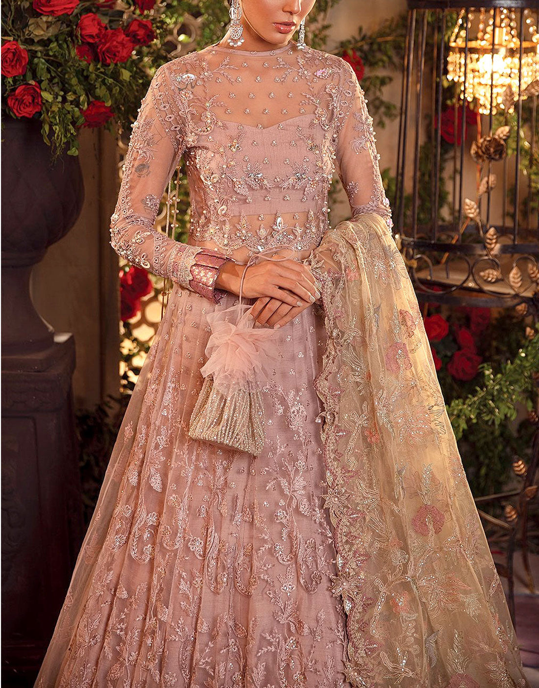 Heavy Embroidered with Hand Embelished Dusty Rose Net Bridal Maxi Dress for Weddings & Parties