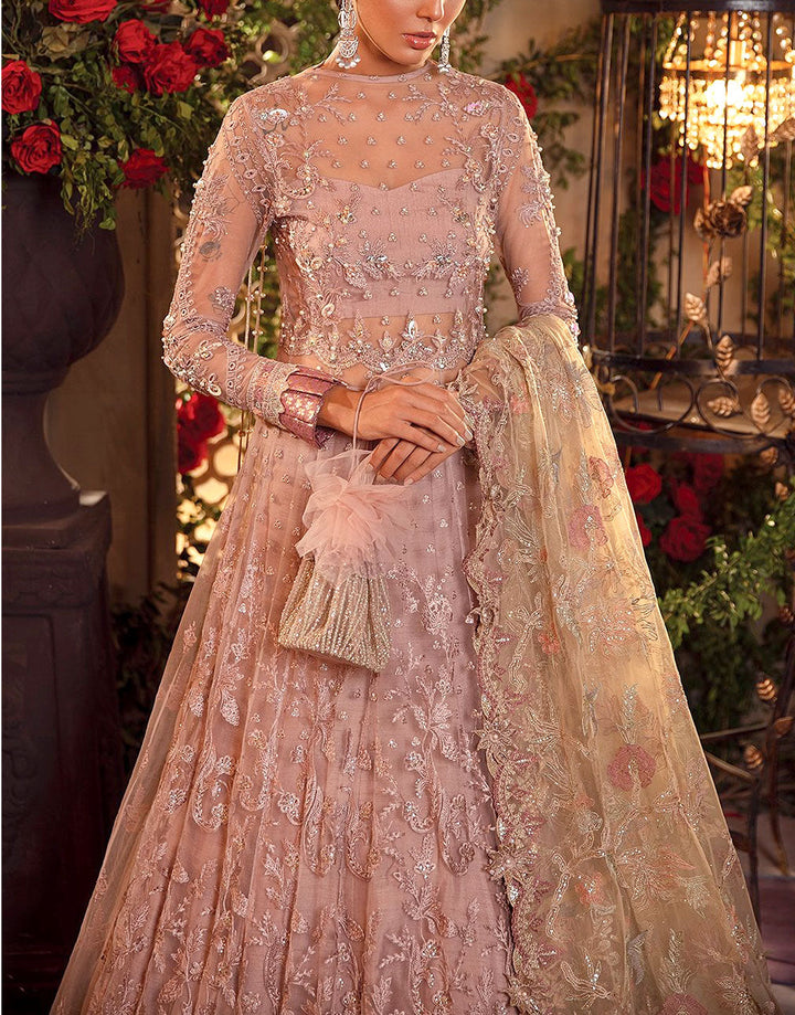 Heavy Embroidered with Hand Embelished Dusty Rose Net Bridal Maxi Dress for Weddings & Parties