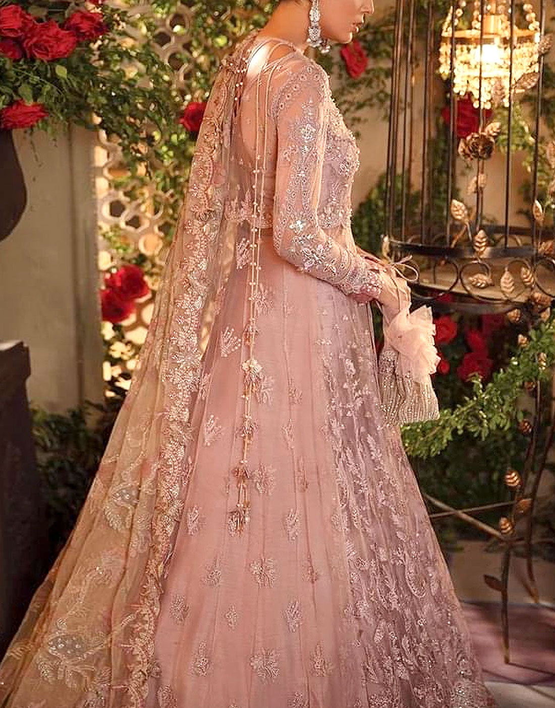 Heavy Embroidered with Hand Embelished Dusty Rose Net Bridal Maxi Dress for Weddings & Parties