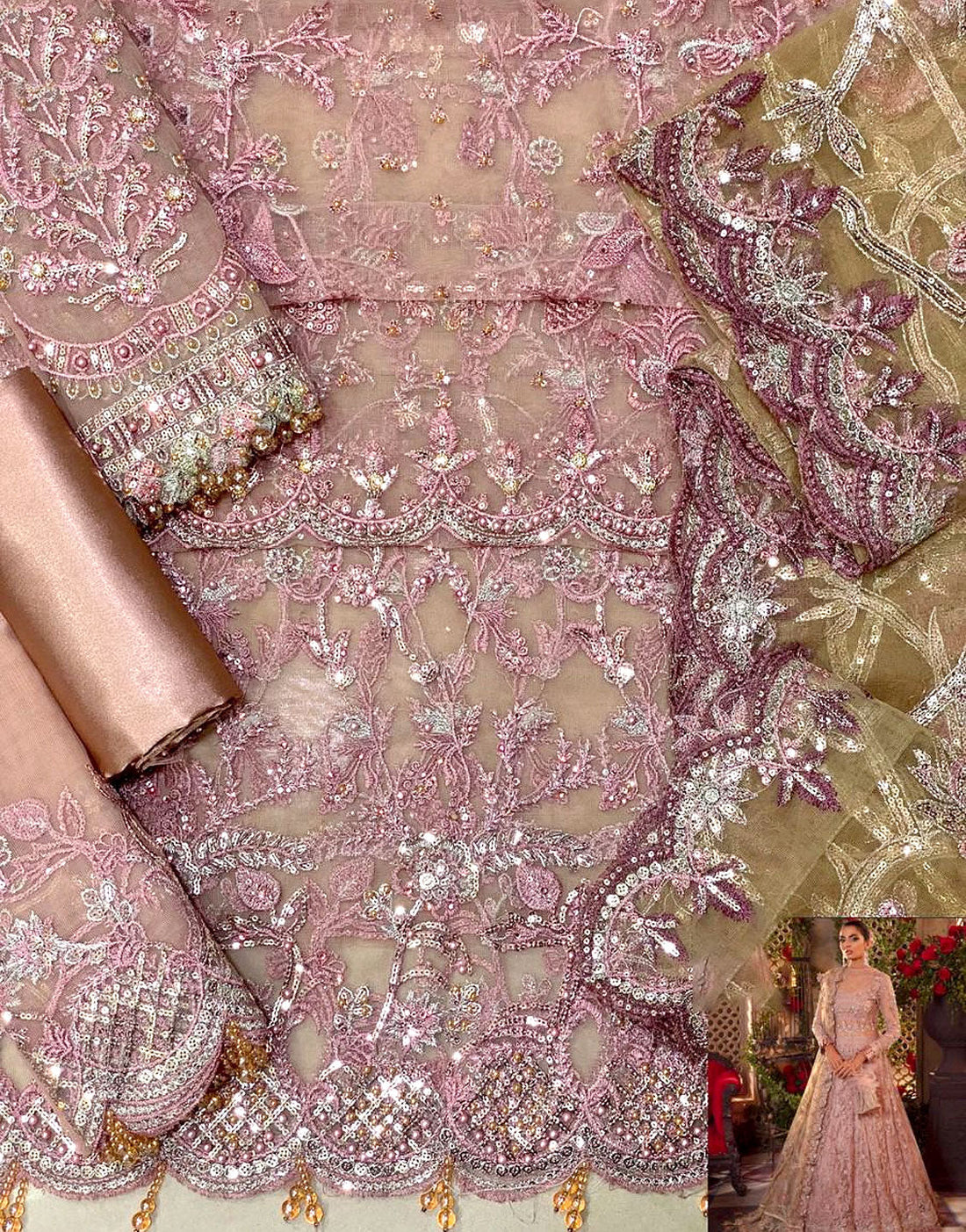 Heavy Embroidered with Hand Embelished Dusty Rose Net Bridal Maxi Dress for Weddings & Parties