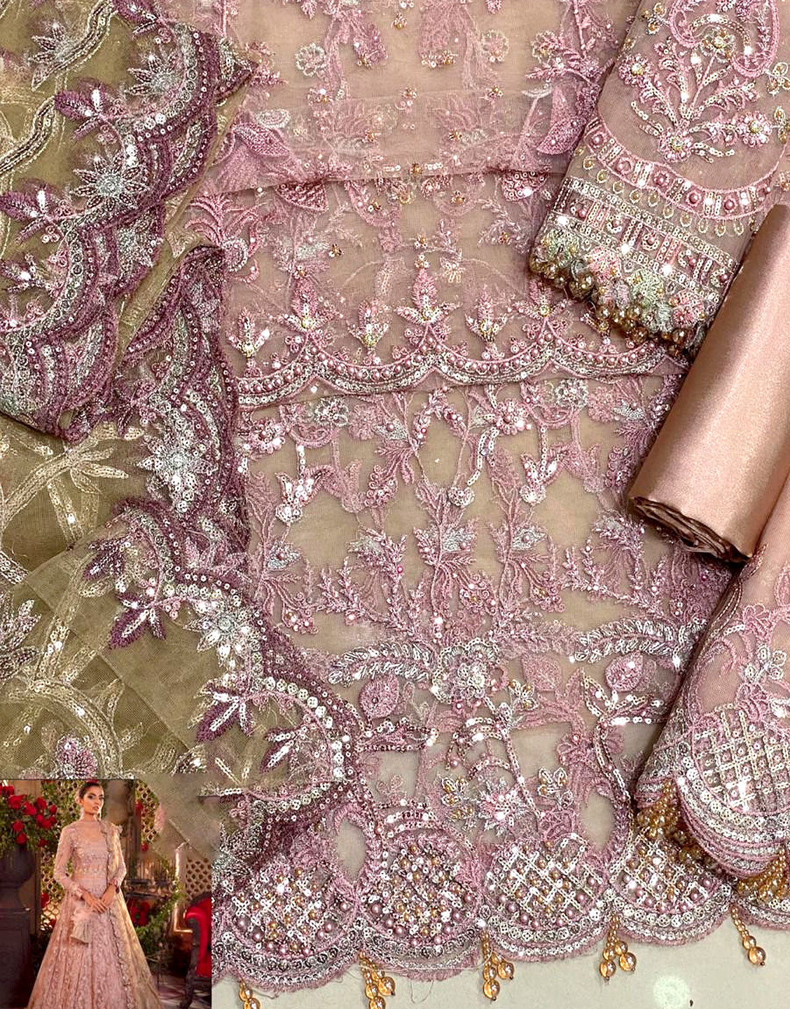 Heavy Embroidered with Hand Embelished Dusty Rose Net Bridal Maxi Dress for Weddings & Parties