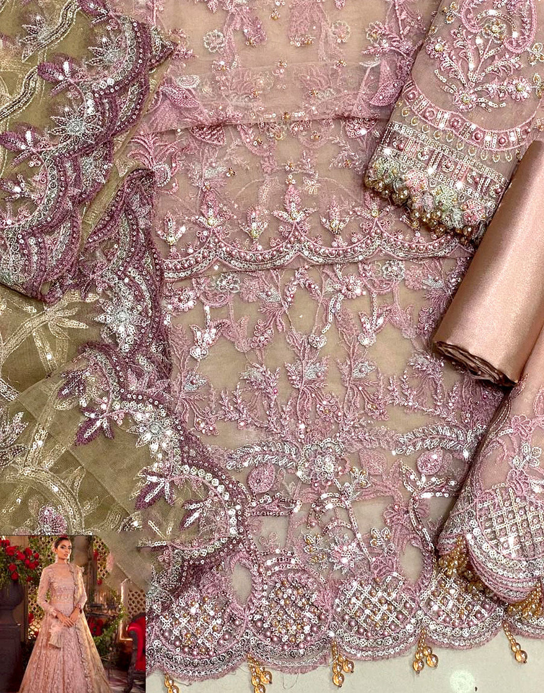 Heavy Embroidered with Hand Embelished Dusty Rose Net Bridal Maxi Dress for Weddings & Parties