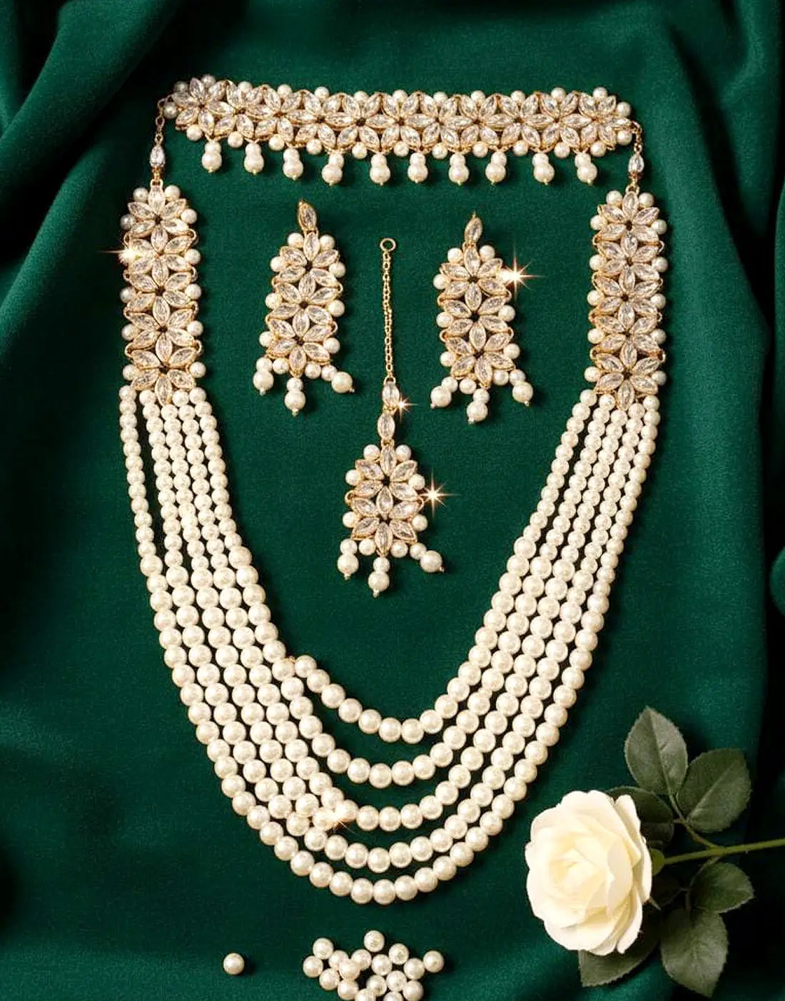 Bridal Long Mala Set with Heavy Choker, Earrings and Tikka
