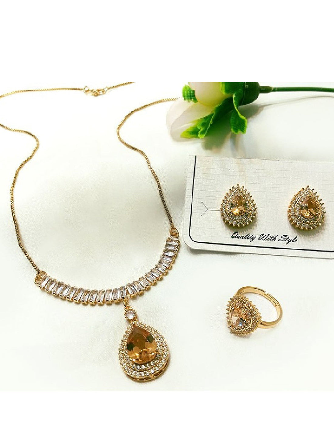 Champagne Stones Party Wear Necklace Set with Earrings & Rings