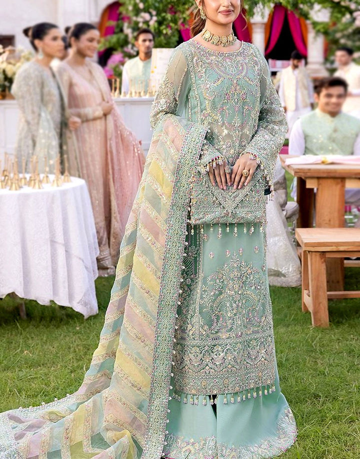 Glamorous Heavy Embroidered Mint Green Organza Wedding Dress with Rich Hand Embellishments