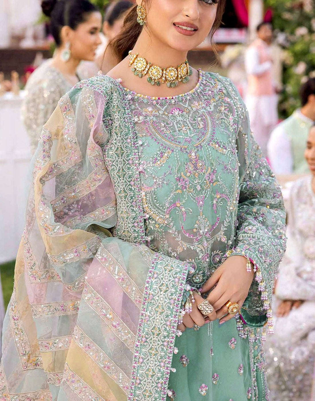 Glamorous Heavy Embroidered Mint Green Organza Wedding Dress with Rich Hand Embellishments