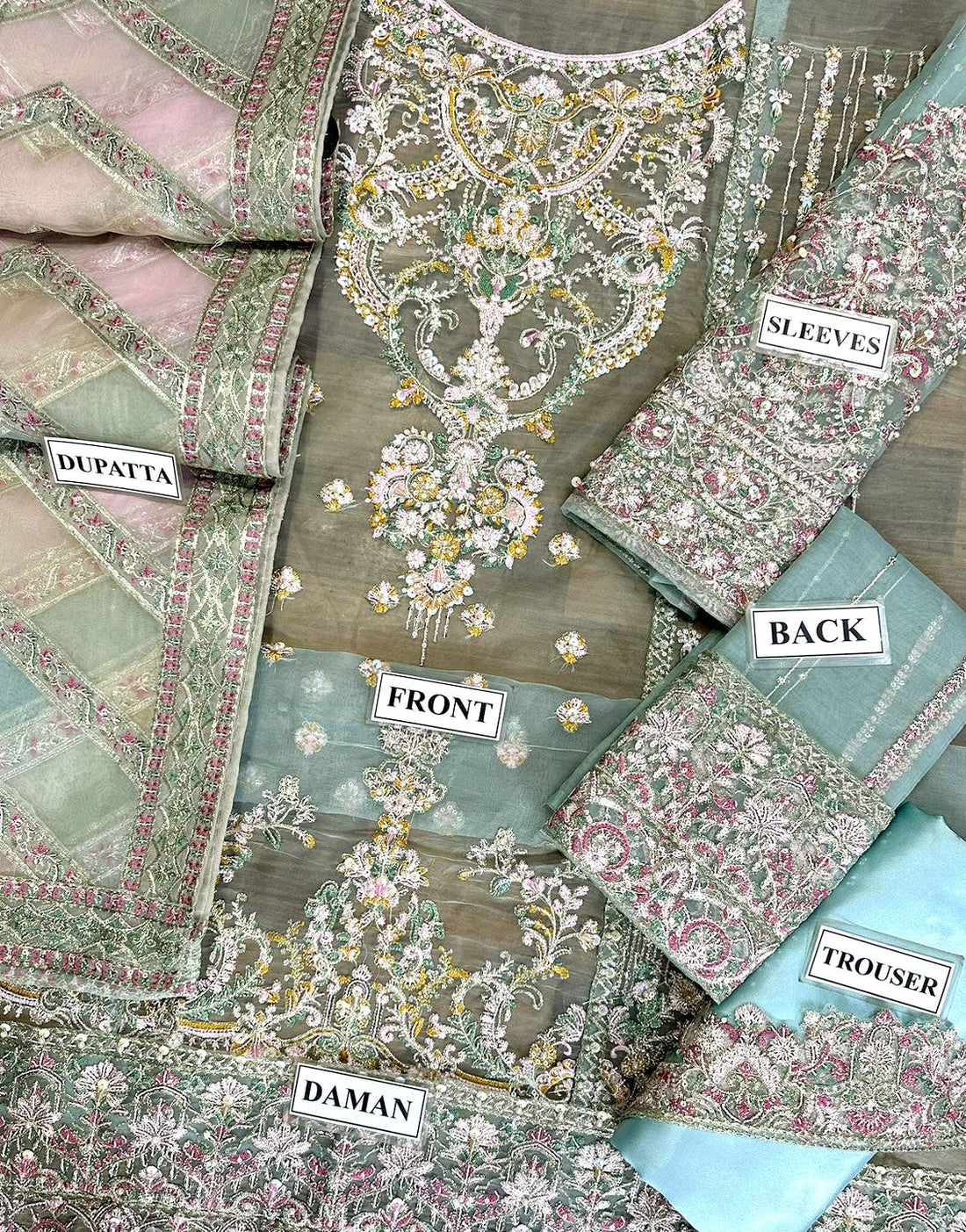 Glamorous Heavy Embroidered Mint Green Organza Wedding Dress with Rich Hand Embellishments