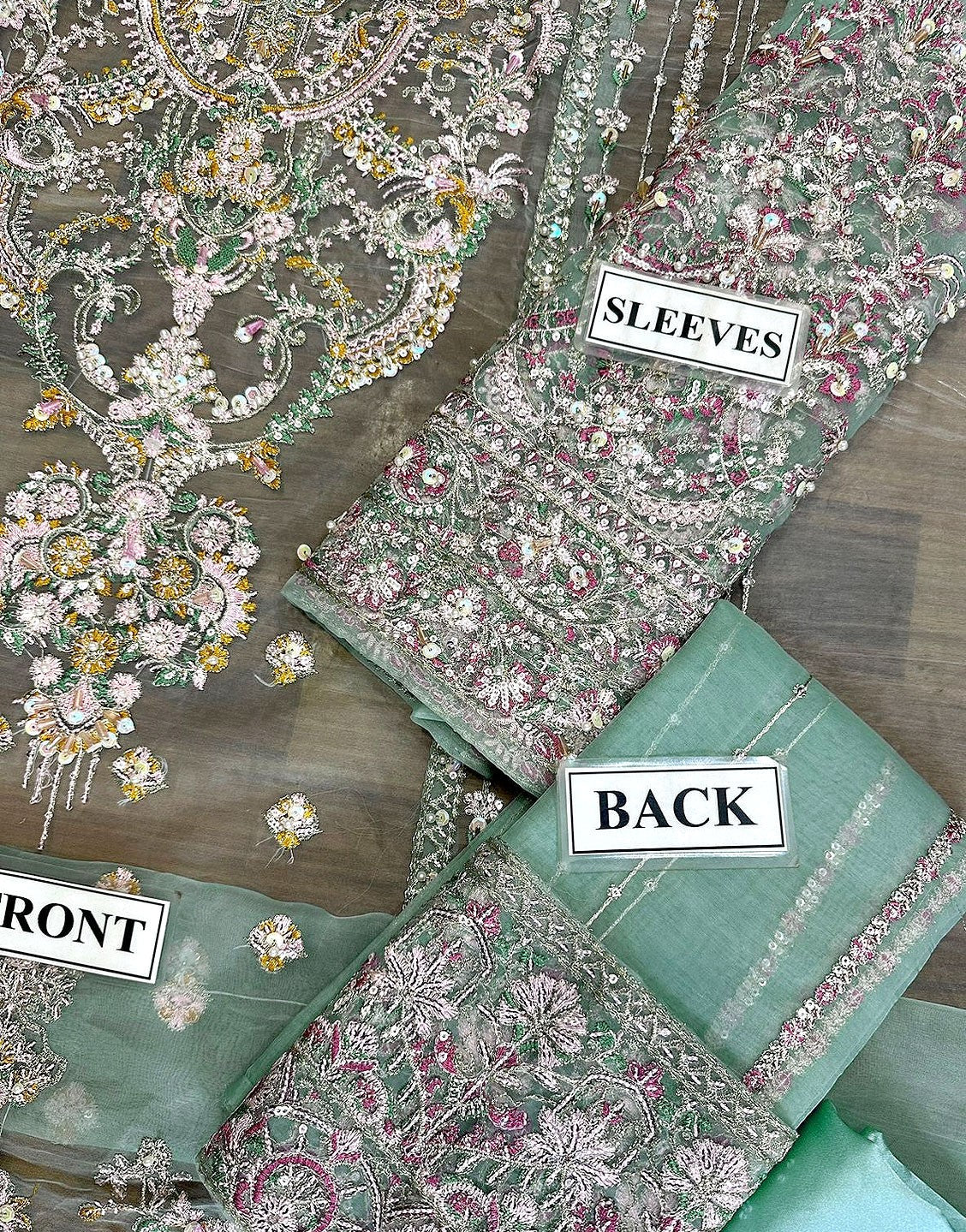Glamorous Heavy Embroidered Mint Green Organza Wedding Dress with Rich Hand Embellishments