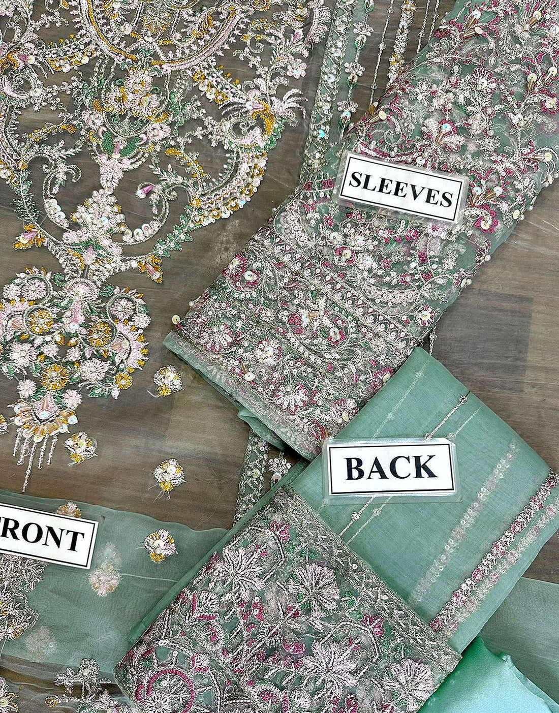 Glamorous Heavy Embroidered Mint Green Organza Wedding Dress with Rich Hand Embellishments