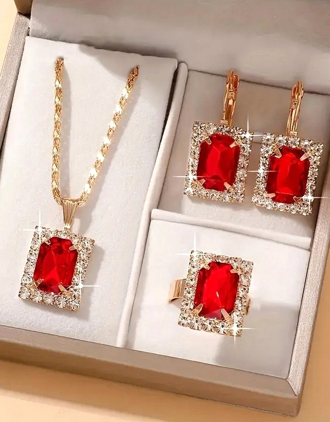 3-Piece Square Shape Synthetic Red Gemstone Jewellery Set with Earrings, Necklace and Ring