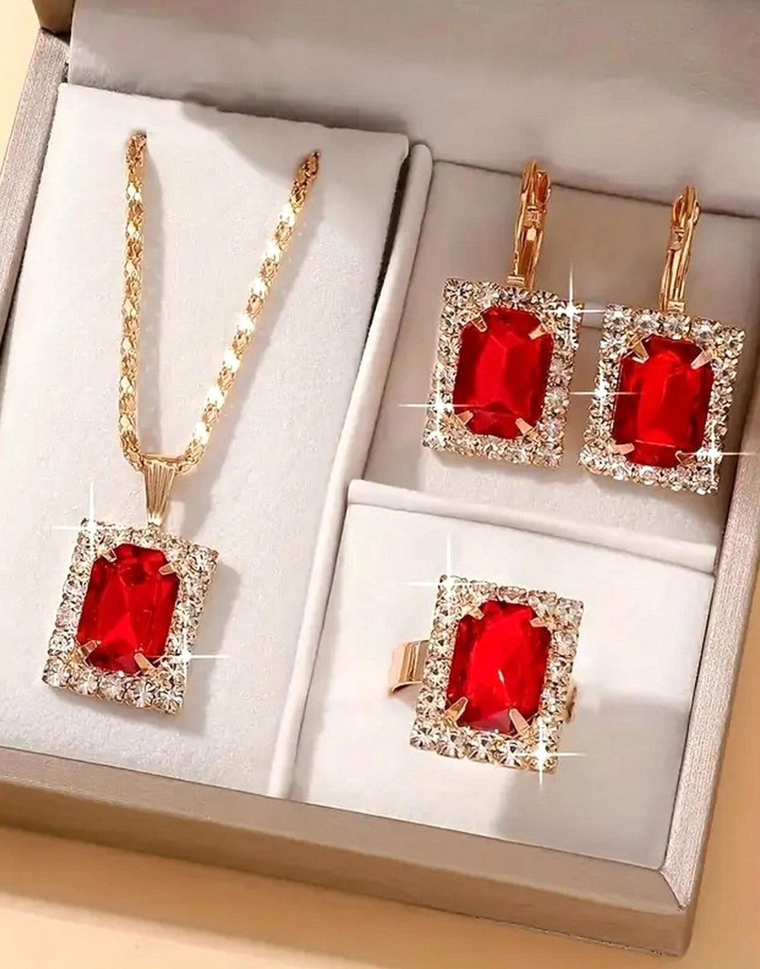 3-Piece Square Shape Synthetic Red Gemstone Jewellery Set with Earrings, Necklace and Ring