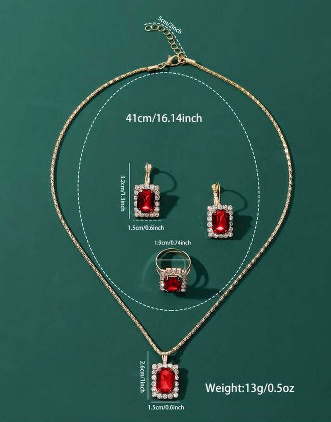 3-Piece Square Shape Synthetic Red Gemstone Jewellery Set with Earrings, Necklace and Ring