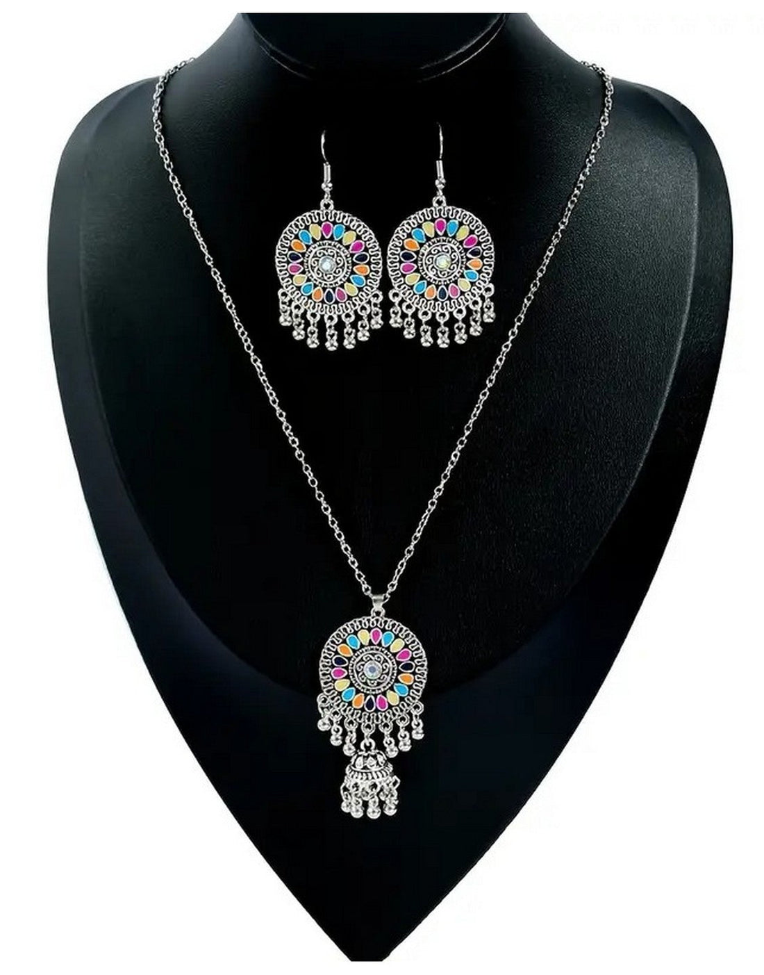 Bohemian Style Silvery Round Women's Jewellery Set with Pendant & Earrings