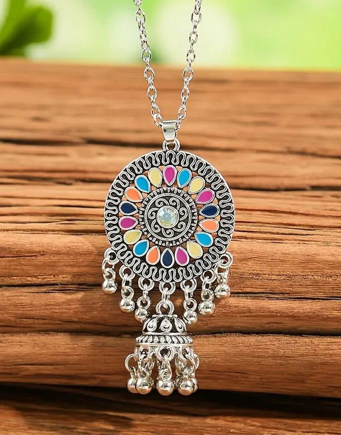 Bohemian Style Silvery Round Women's Jewellery Set with Pendant & Earrings