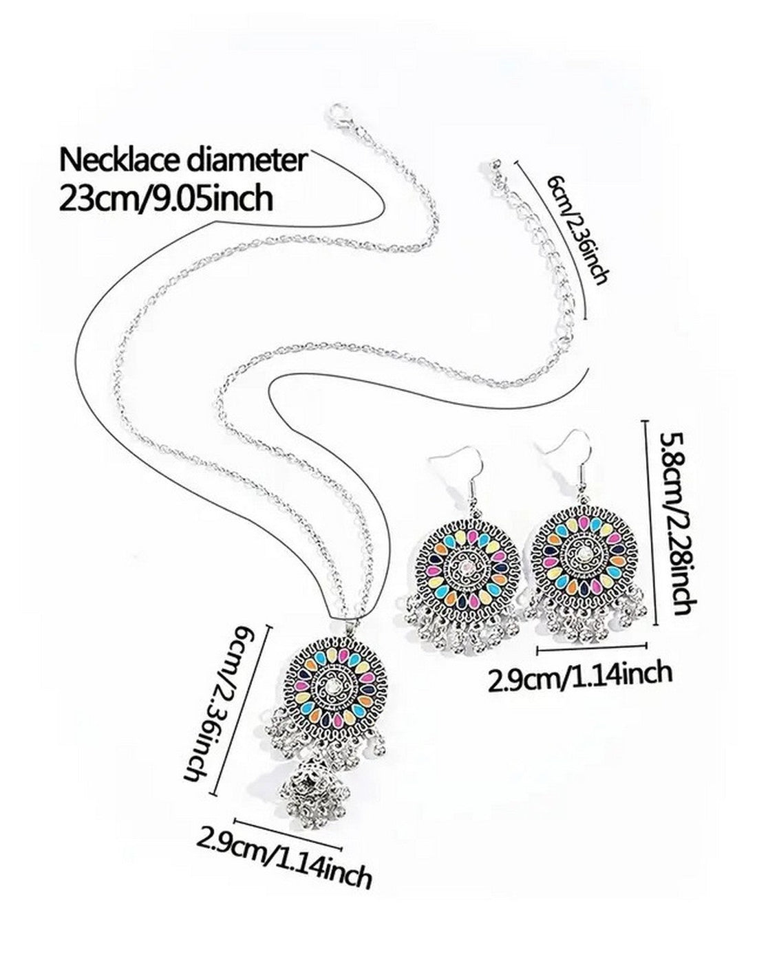 Bohemian Style Silvery Round Women's Jewellery Set with Pendant & Earrings