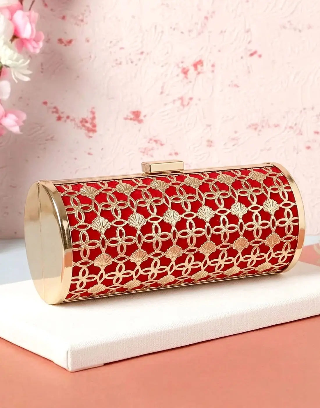 Luxury Golden Cage Velvet Cylinder Clutch Bag for Wedding & Formal Events